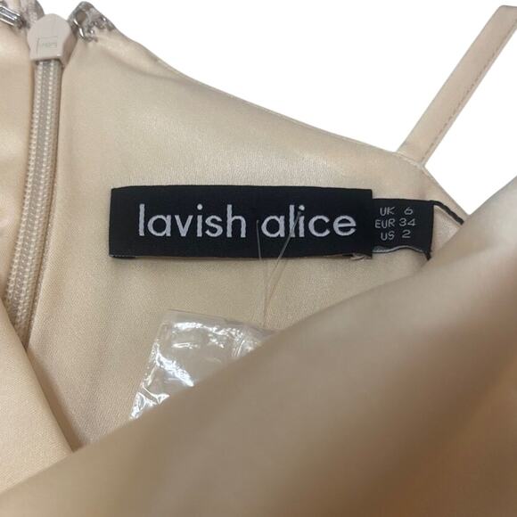 Lavish Alice Champagne Satin Midi Dress Cowl Neck Ruched Slit Size 2 NWT - Picture 5 of 7